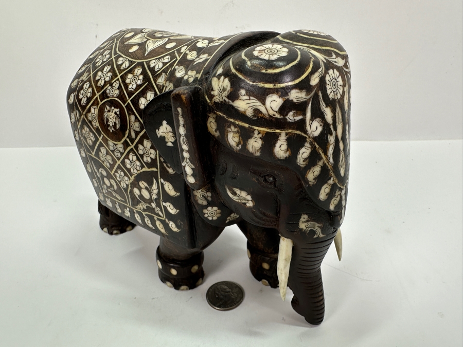 Carved Wooden Elephant With Inlaid Bone Figurine 8W X 4D X 6H [Photo 4]