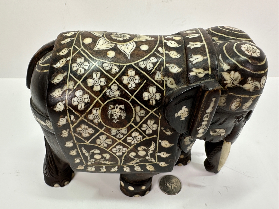 Carved Wooden Elephant With Inlaid Bone Figurine 8W X 4D X 6H [Photo 2]