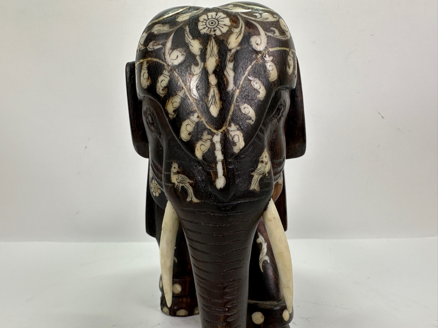 Carved Wooden Elephant With Inlaid Bone Figurine 8W X 4D X 6H [Photo 13]