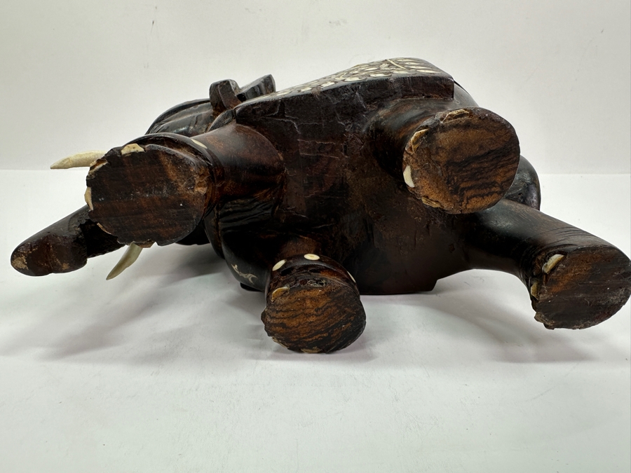Carved Wooden Elephant With Inlaid Bone Figurine 8W X 4D X 6H [Photo 10]