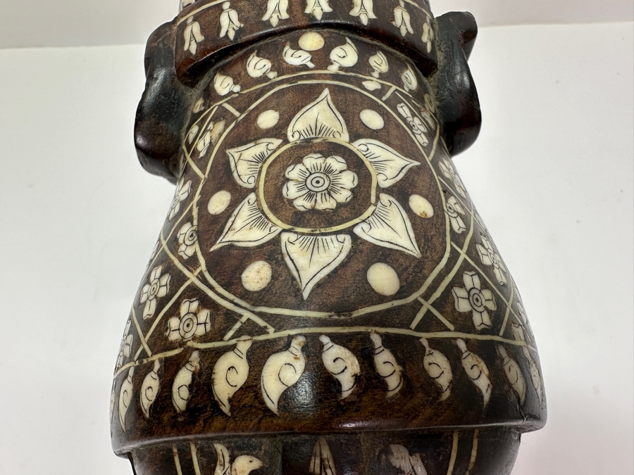 Carved Wooden Elephant With Inlaid Bone Figurine 8W X 4D X 6H [Photo 9]