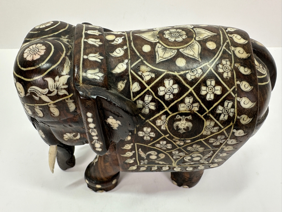 Carved Wooden Elephant With Inlaid Bone Figurine 8W X 4D X 6H [Photo 6]