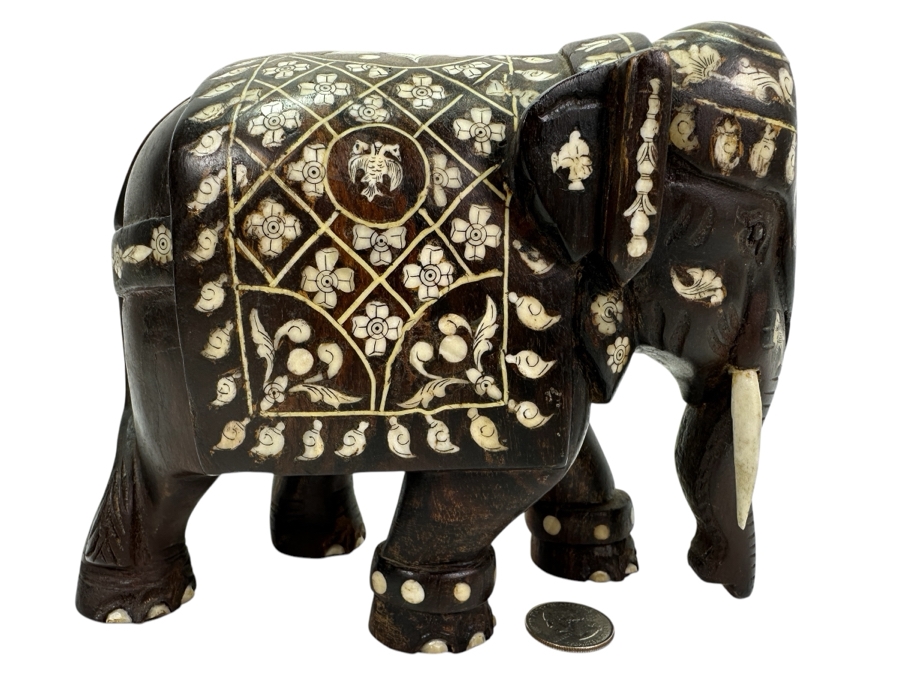 Carved Wooden Elephant With Inlaid Bone Figurine 8W X 4D X 6H [Photo 1]