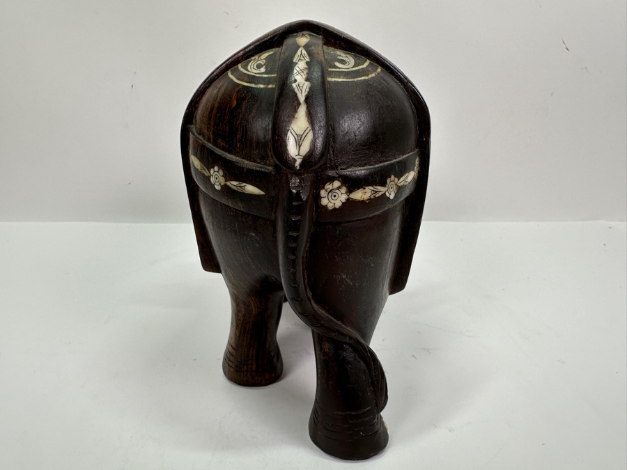 Carved Wooden Elephant With Inlaid Bone Figurine 8W X 4D X 6H [Photo 8]