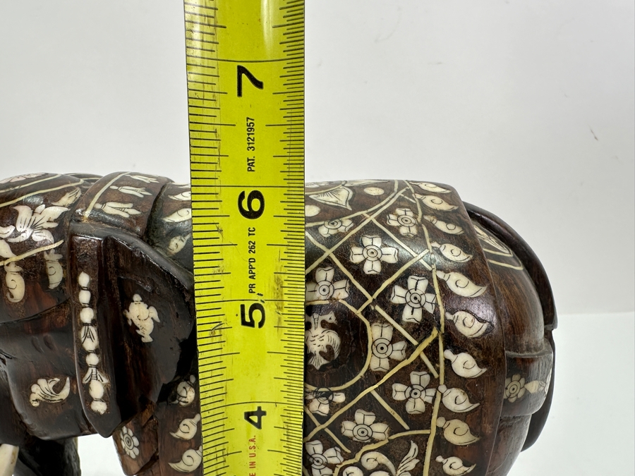 Carved Wooden Elephant With Inlaid Bone Figurine 8W X 4D X 6H [Photo 12]