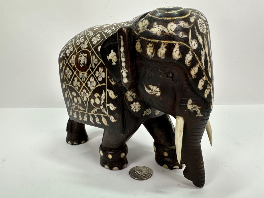 Carved Wooden Elephant With Inlaid Bone Figurine 8W X 4D X 6H [Photo 3]