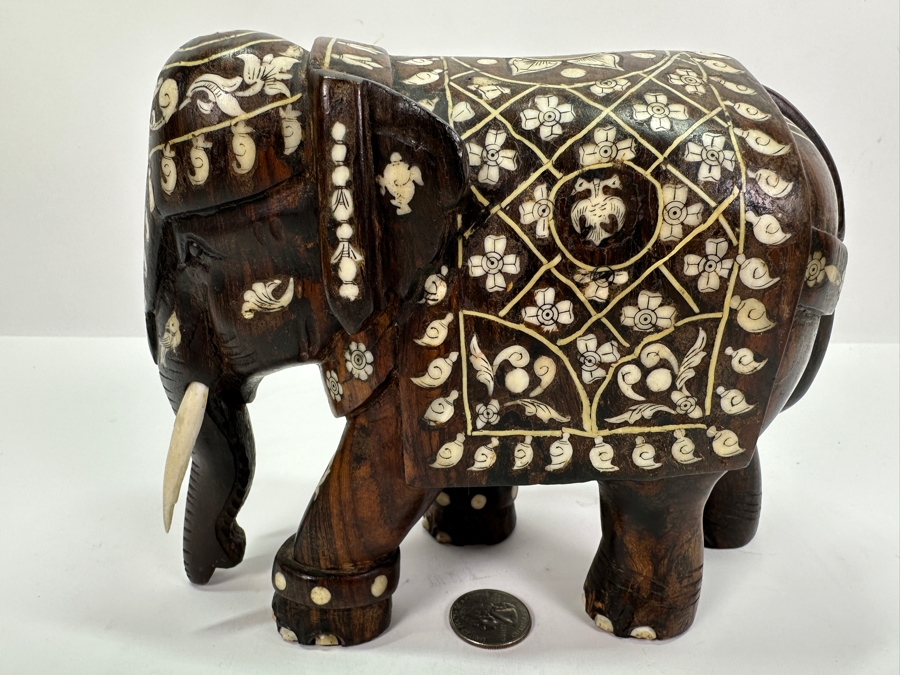 Carved Wooden Elephant With Inlaid Bone Figurine 8W X 4D X 6H [Photo 5]