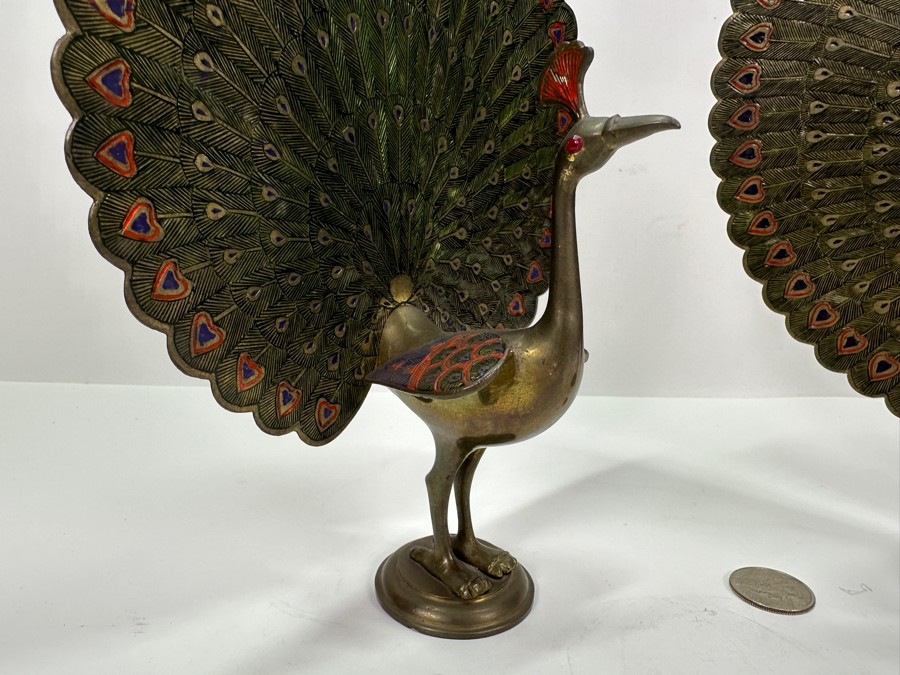 Pair Of Chased Brass Hand Painted Peacock Figurines 9H & 11H [Photo 4]