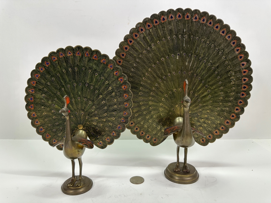 Pair Of Chased Brass Hand Painted Peacock Figurines 9H & 11H [Photo 5]