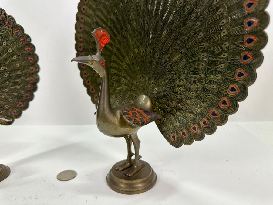 Pair Of Chased Brass Hand Painted Peacock Figurines 9H & 11H [Photo 3]