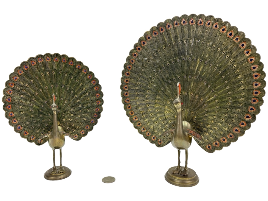 Pair Of Chased Brass Hand Painted Peacock Figurines 9H & 11H [Photo 1]