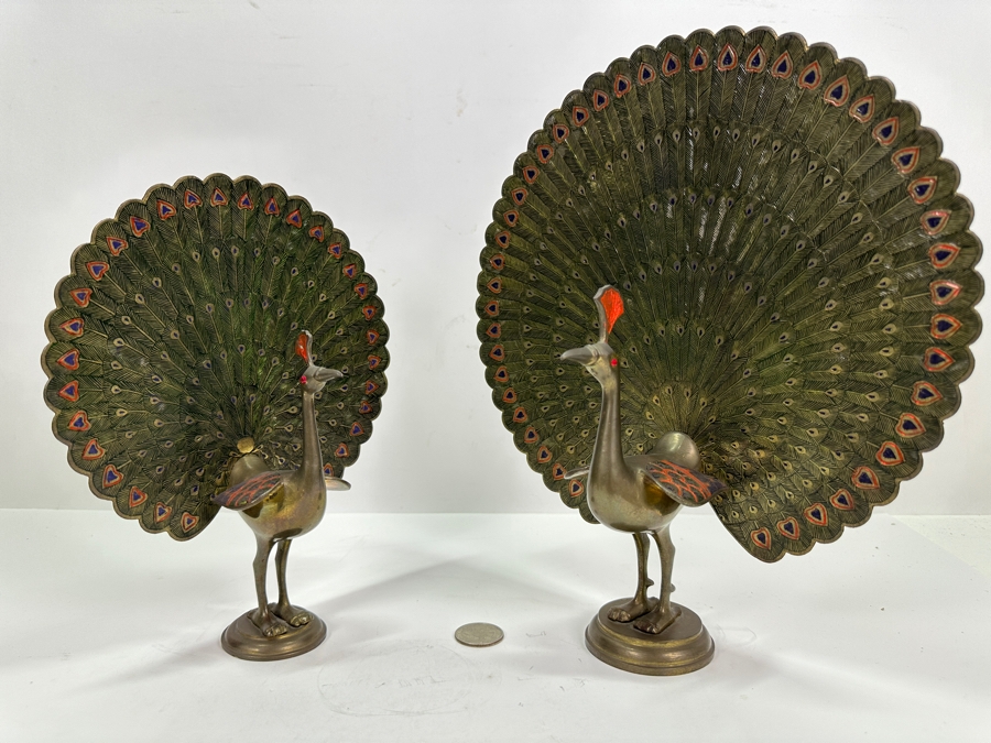 Pair Of Chased Brass Hand Painted Peacock Figurines 9H & 11H [Photo 2]