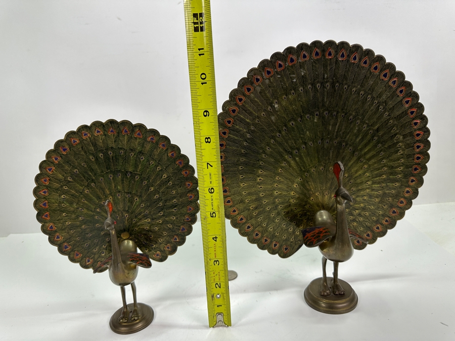 Pair Of Chased Brass Hand Painted Peacock Figurines 9H & 11H [Photo 9]