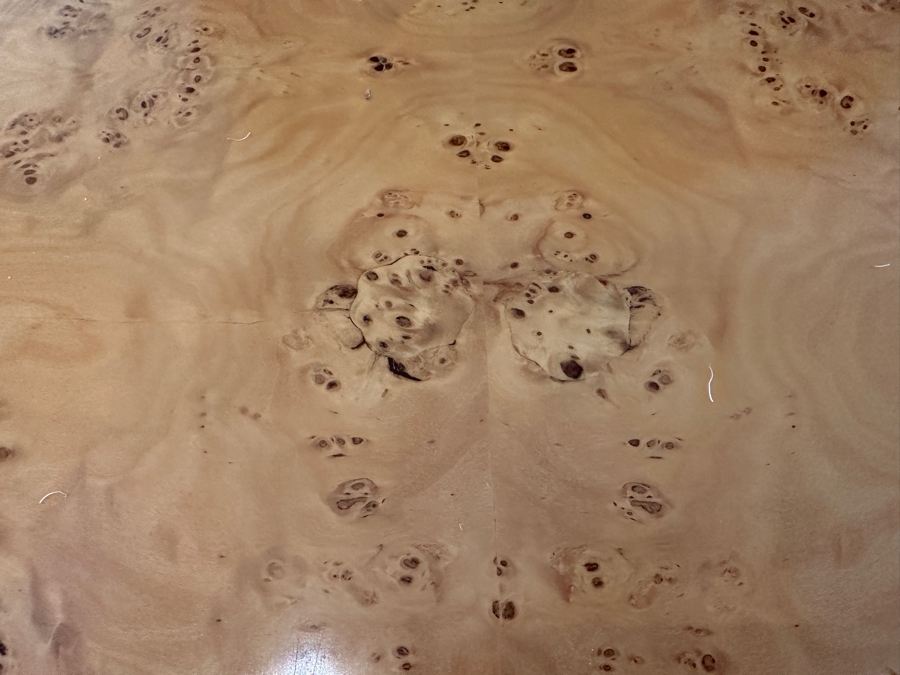 Stunning Burled Walnut Dining Table 72W X 38D X 29H With Built-In Storage Compartment For Storing 2 Extra Leaves (Each 18'L) And Eight Italian Art Deco Style Black Lacquer Dining Chairs (Shown W/ Leaves In Place) [Photo 7]