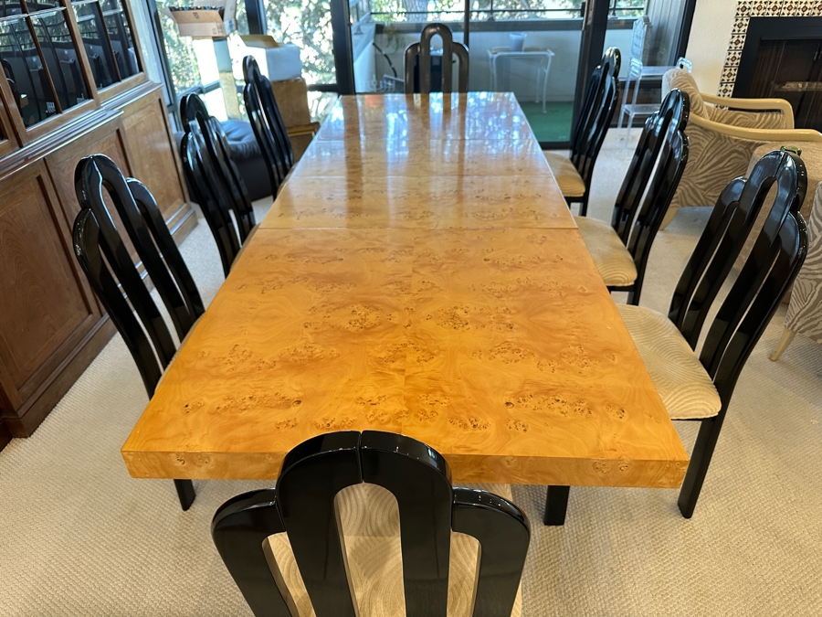 Stunning Burled Walnut Dining Table 72W X 38D X 29H With Built-In Storage Compartment For Storing 2 Extra Leaves (Each 18'L) And Eight Italian Art Deco Style Black Lacquer Dining Chairs (Shown W/ Leaves In Place) [Photo 21]