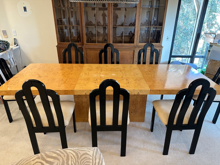 Stunning Burled Walnut Dining Table 72W X 38D X 29H With Built-In Storage Compartment For Storing 2 Extra Leaves (Each 18'L) And Eight Italian Art Deco Style Black Lacquer Dining Chairs (Shown W/ Leaves In Place)