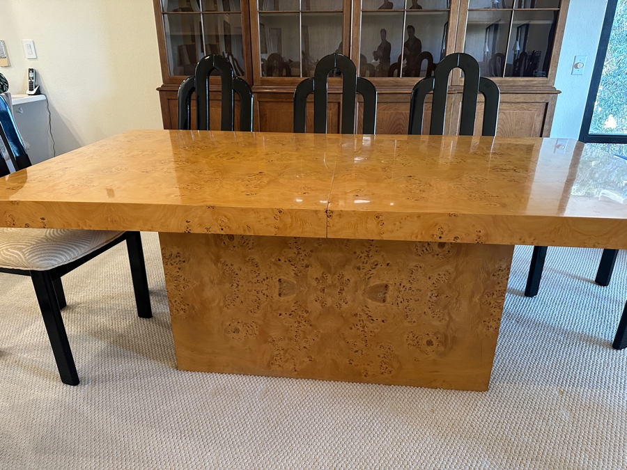 Stunning Burled Walnut Dining Table 72W X 38D X 29H With Built-In Storage Compartment For Storing 2 Extra Leaves (Each 18'L) And Eight Italian Art Deco Style Black Lacquer Dining Chairs (Shown W/ Leaves In Place) [Photo 13]