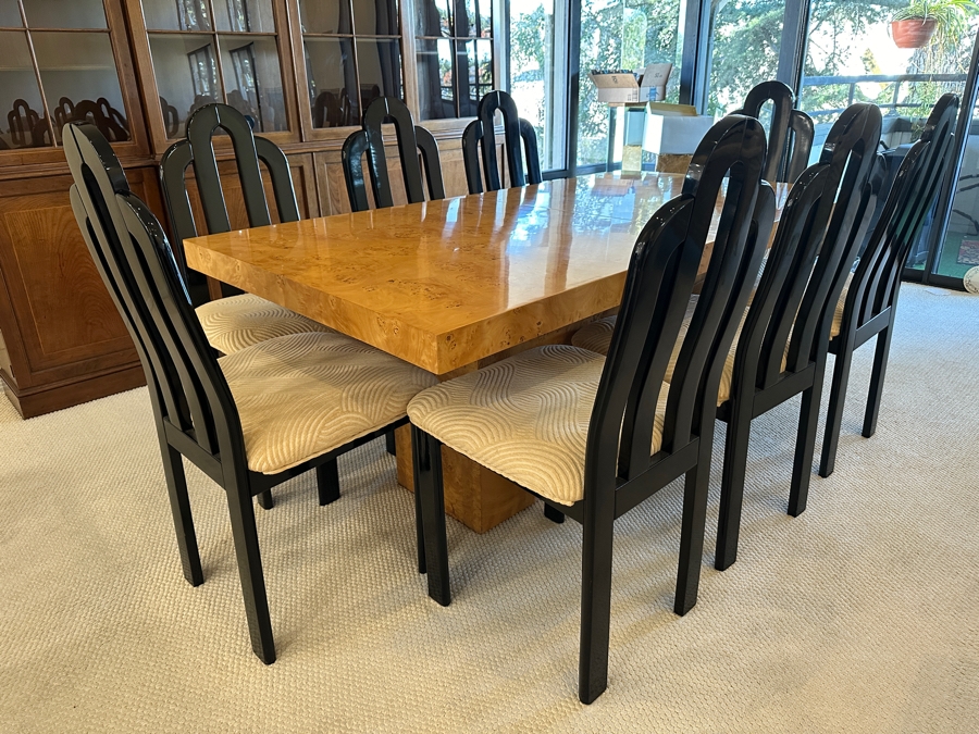 Stunning Burled Walnut Dining Table 72W X 38D X 29H With Built-In Storage Compartment For Storing 2 Extra Leaves (Each 18'L) And Eight Italian Art Deco Style Black Lacquer Dining Chairs (Shown W/ Leaves In Place) [Photo 8]