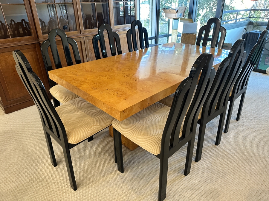 Stunning Burled Walnut Dining Table 72W X 38D X 29H With Built-In Storage Compartment For Storing 2 Extra Leaves (Each 18'L) And Eight Italian Art Deco Style Black Lacquer Dining Chairs (Shown W/ Leaves In Place) [Photo 9]