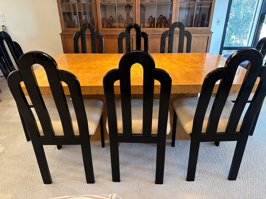 Stunning Burled Walnut Dining Table 72W X 38D X 29H With Built-In Storage Compartment For Storing 2 Extra Leaves (Each 18'L) And Eight Italian Art Deco Style Black Lacquer Dining Chairs (Shown W/ Leaves In Place) [Photo 5]