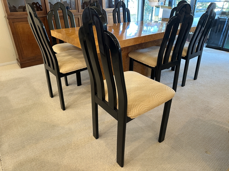 Stunning Burled Walnut Dining Table 72W X 38D X 29H With Built-In Storage Compartment For Storing 2 Extra Leaves (Each 18'L) And Eight Italian Art Deco Style Black Lacquer Dining Chairs (Shown W/ Leaves In Place) [Photo 12]