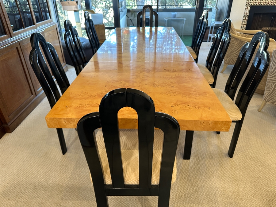 Stunning Burled Walnut Dining Table 72W X 38D X 29H With Built-In Storage Compartment For Storing 2 Extra Leaves (Each 18'L) And Eight Italian Art Deco Style Black Lacquer Dining Chairs (Shown W/ Leaves In Place) [Photo 22]
