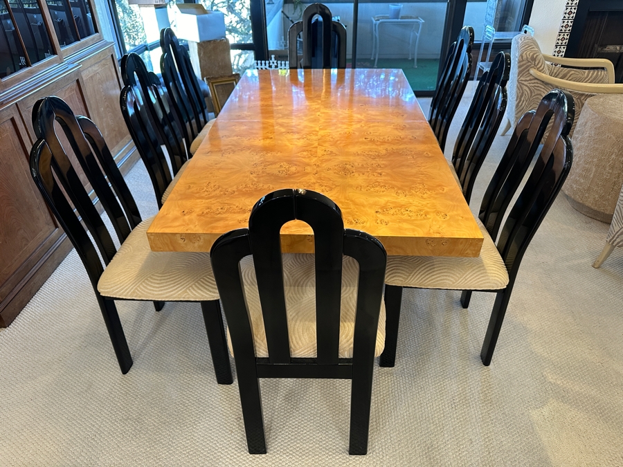 Stunning Burled Walnut Dining Table 72W X 38D X 29H With Built-In Storage Compartment For Storing 2 Extra Leaves (Each 18'L) And Eight Italian Art Deco Style Black Lacquer Dining Chairs (Shown W/ Leaves In Place) [Photo 4]