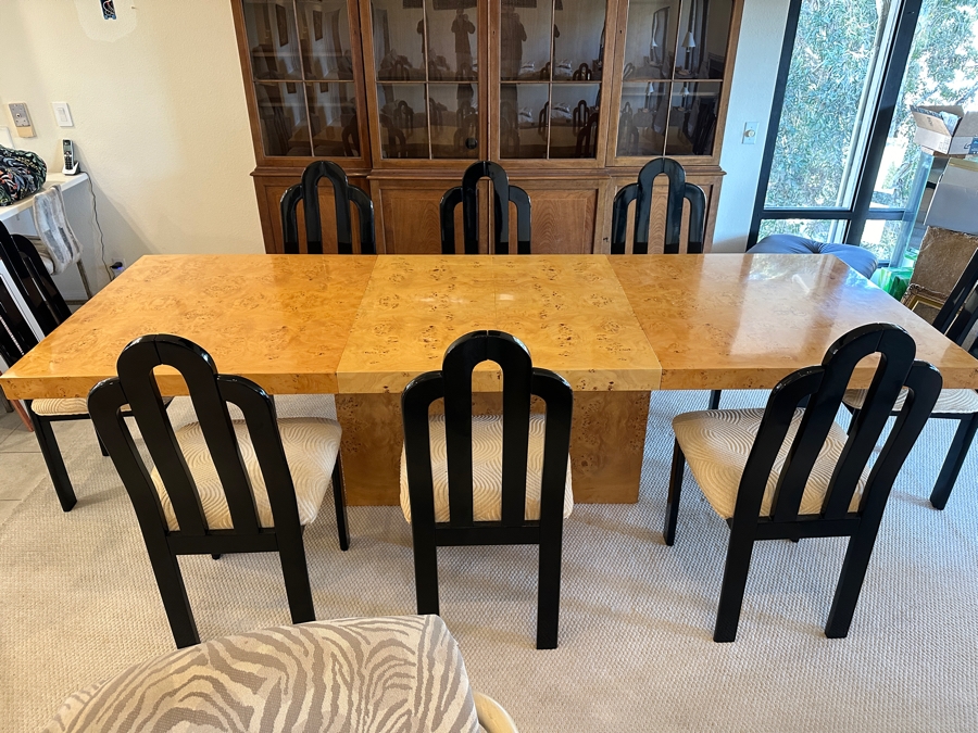 Stunning Burled Walnut Dining Table 72W X 38D X 29H With Built-In Storage Compartment For Storing 2 Extra Leaves (Each 18'L) And Eight Italian Art Deco Style Black Lacquer Dining Chairs (Shown W/ Leaves In Place) [Photo 20]