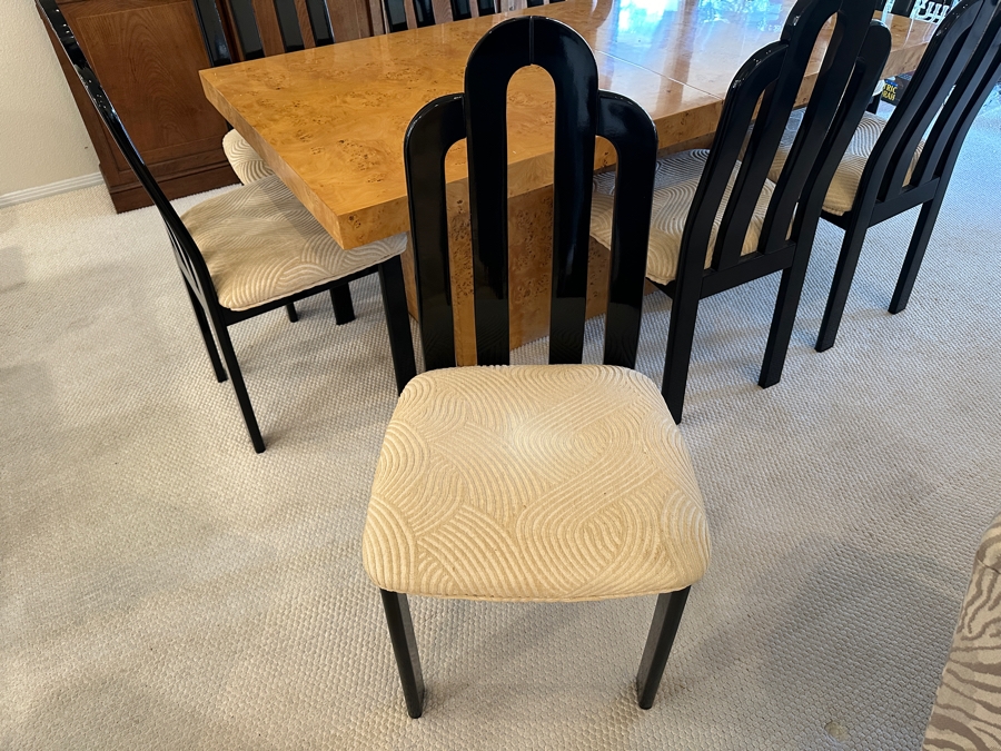 Stunning Burled Walnut Dining Table 72W X 38D X 29H With Built-In Storage Compartment For Storing 2 Extra Leaves (Each 18'L) And Eight Italian Art Deco Style Black Lacquer Dining Chairs (Shown W/ Leaves In Place) [Photo 11]