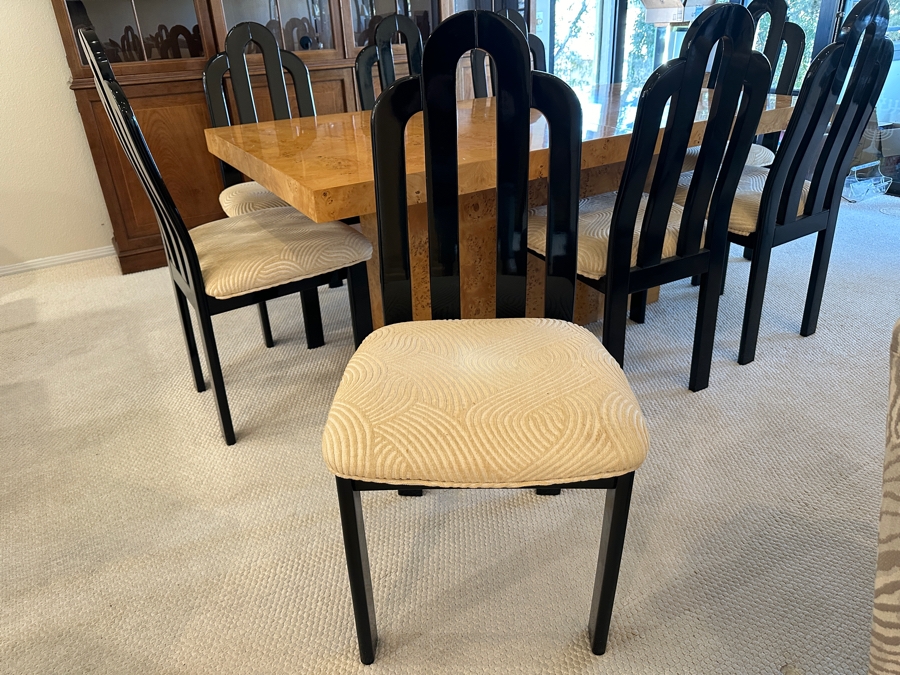 Stunning Burled Walnut Dining Table 72W X 38D X 29H With Built-In Storage Compartment For Storing 2 Extra Leaves (Each 18'L) And Eight Italian Art Deco Style Black Lacquer Dining Chairs (Shown W/ Leaves In Place) [Photo 10]
