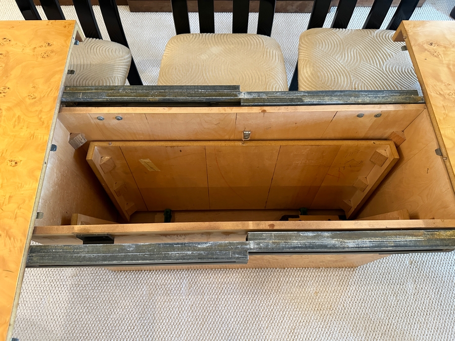 Stunning Burled Walnut Dining Table 72W X 38D X 29H With Built-In Storage Compartment For Storing 2 Extra Leaves (Each 18'L) And Eight Italian Art Deco Style Black Lacquer Dining Chairs (Shown W/ Leaves In Place) [Photo 19]