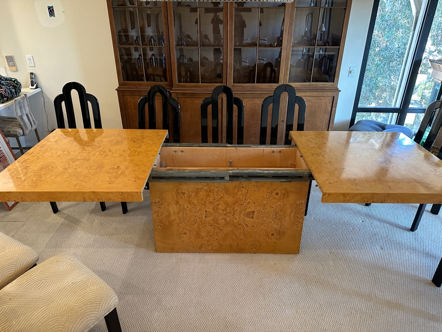 Stunning Burled Walnut Dining Table 72W X 38D X 29H With Built-In Storage Compartment For Storing 2 Extra Leaves (Each 18'L) And Eight Italian Art Deco Style Black Lacquer Dining Chairs (Shown W/ Leaves In Place) [Photo 18]