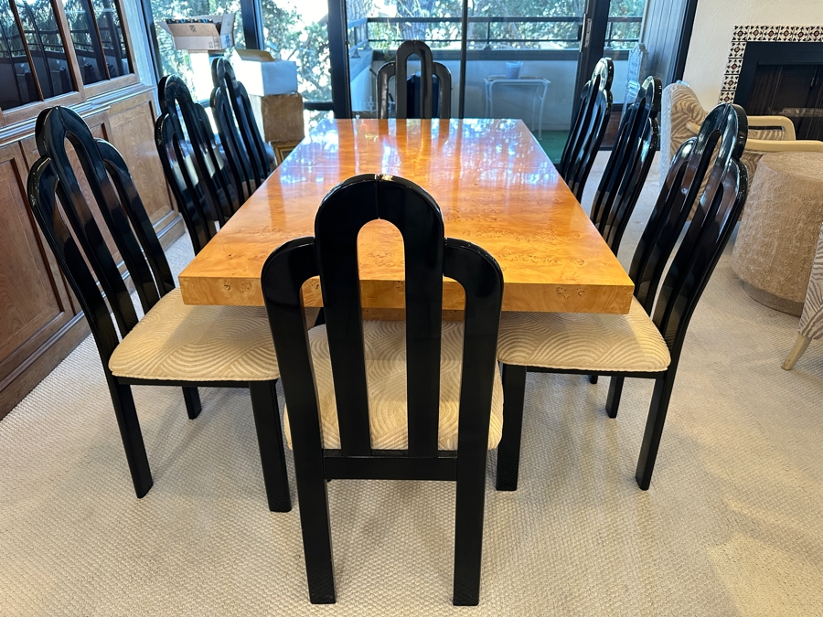 Stunning Burled Walnut Dining Table 72W X 38D X 29H With Built-In Storage Compartment For Storing 2 Extra Leaves (Each 18'L) And Eight Italian Art Deco Style Black Lacquer Dining Chairs (Shown W/ Leaves In Place) [Photo 3]