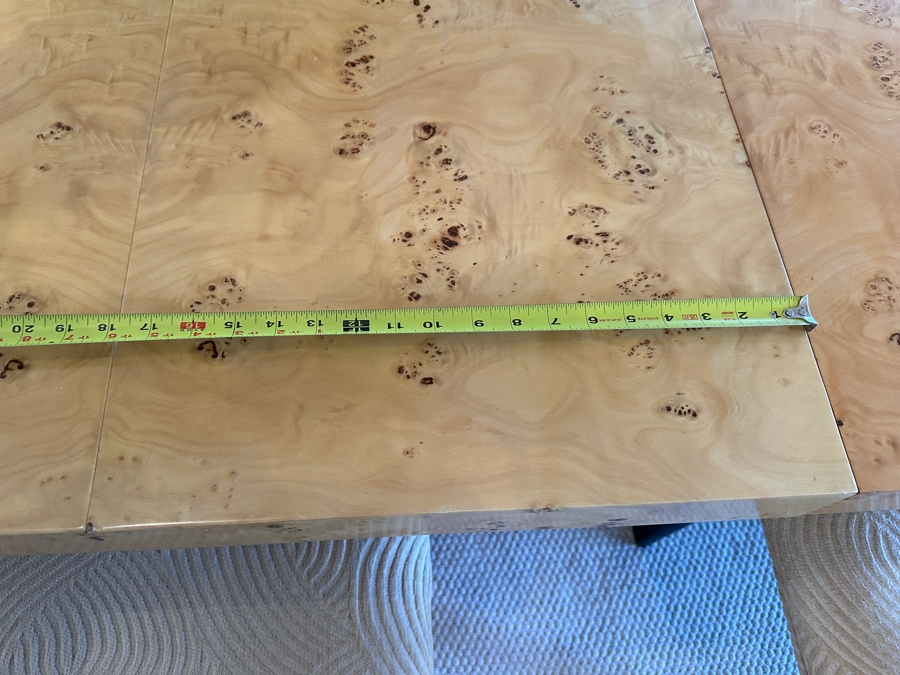 Stunning Burled Walnut Dining Table 72W X 38D X 29H With Built-In Storage Compartment For Storing 2 Extra Leaves (Each 18'L) And Eight Italian Art Deco Style Black Lacquer Dining Chairs (Shown W/ Leaves In Place) [Photo 24]