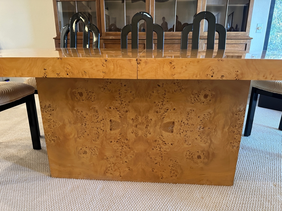 Stunning Burled Walnut Dining Table 72W X 38D X 29H With Built-In Storage Compartment For Storing 2 Extra Leaves (Each 18'L) And Eight Italian Art Deco Style Black Lacquer Dining Chairs (Shown W/ Leaves In Place) [Photo 14]