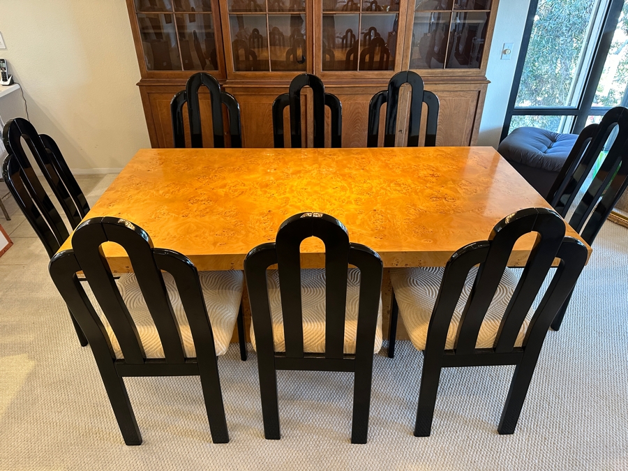 Stunning Burled Walnut Dining Table 72W X 38D X 29H With Built-In Storage Compartment For Storing 2 Extra Leaves (Each 18'L) And Eight Italian Art Deco Style Black Lacquer Dining Chairs (Shown W/ Leaves In Place) [Photo 2]