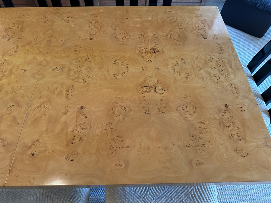 Stunning Burled Walnut Dining Table 72W X 38D X 29H With Built-In Storage Compartment For Storing 2 Extra Leaves (Each 18'L) And Eight Italian Art Deco Style Black Lacquer Dining Chairs (Shown W/ Leaves In Place) [Photo 6]