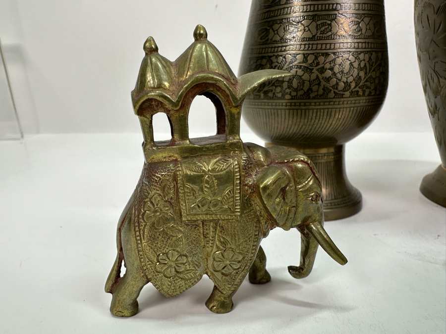 Brass Lot From India: Camel Figurine, Elephant Figurine, Vase & Urn [Photo 3]