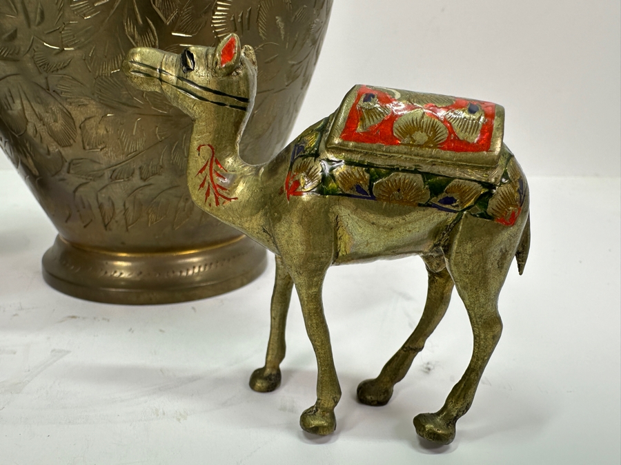 Brass Lot From India: Camel Figurine, Elephant Figurine, Vase & Urn [Photo 2]
