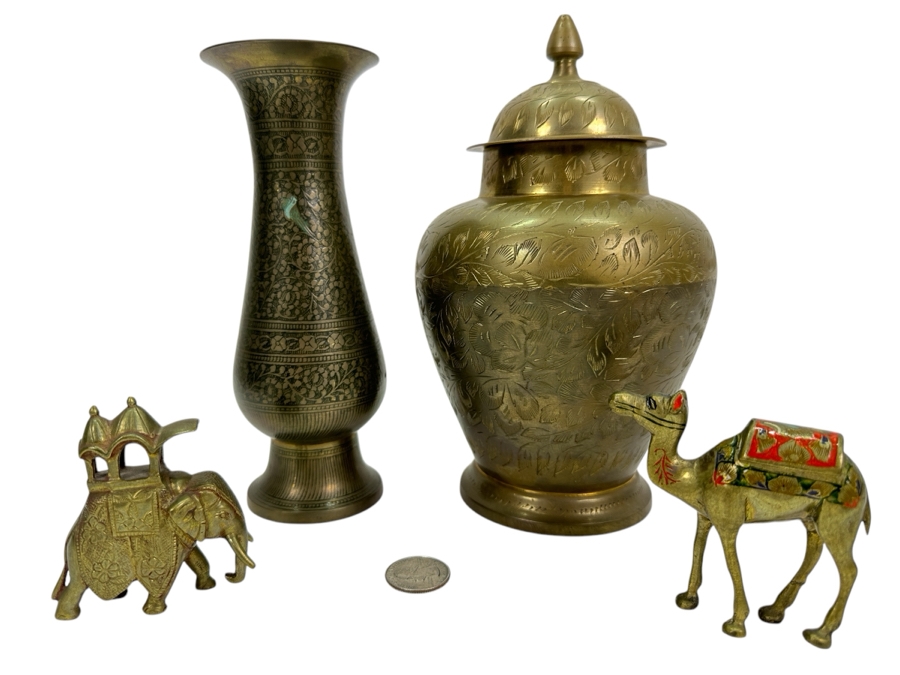 Brass Lot From India: Camel Figurine, Elephant Figurine, Vase & Urn [Photo 1]