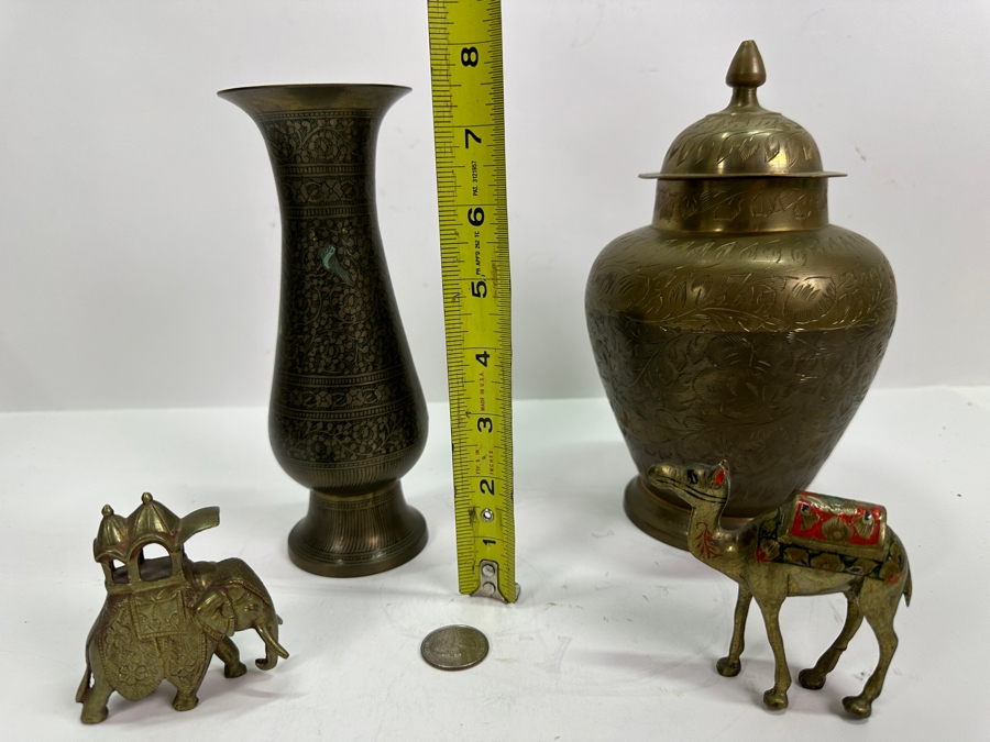 Brass Lot From India: Camel Figurine, Elephant Figurine, Vase & Urn [Photo 9]