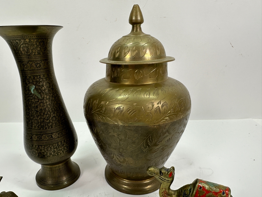 Brass Lot From India: Camel Figurine, Elephant Figurine, Vase & Urn [Photo 6]