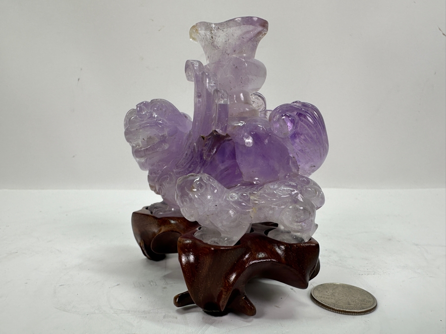 Vintage Chinese Carved Purple Amethyst Foo Dog On Wooden Stand 4H [Photo 8]