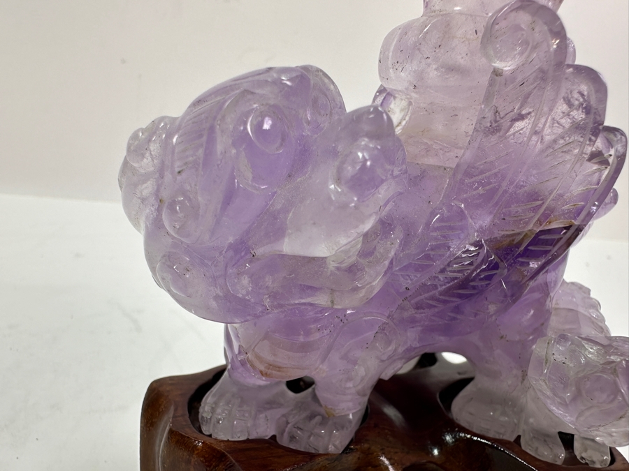 Vintage Chinese Carved Purple Amethyst Foo Dog On Wooden Stand 4H [Photo 2]