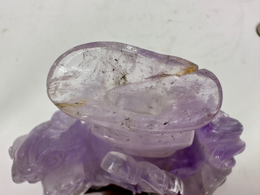 Vintage Chinese Carved Purple Amethyst Foo Dog On Wooden Stand 4H [Photo 12]