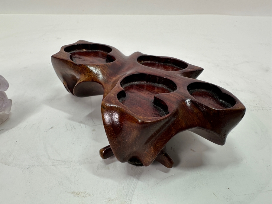 Vintage Chinese Carved Purple Amethyst Foo Dog On Wooden Stand 4H [Photo 10]