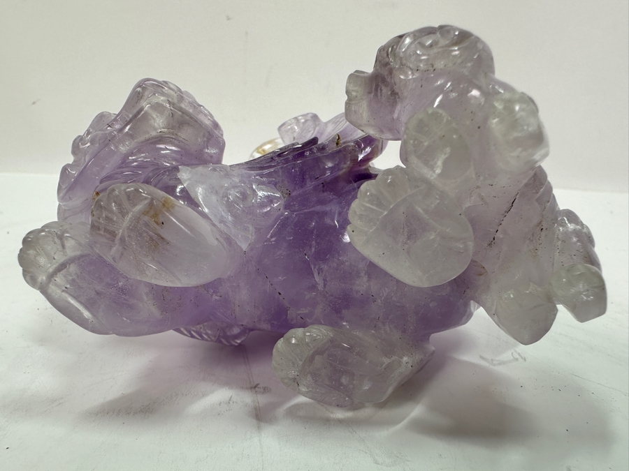 Vintage Chinese Carved Purple Amethyst Foo Dog On Wooden Stand 4H [Photo 11]