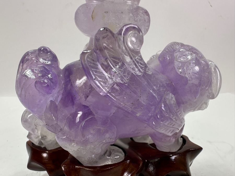 Vintage Chinese Carved Purple Amethyst Foo Dog On Wooden Stand 4H [Photo 7]