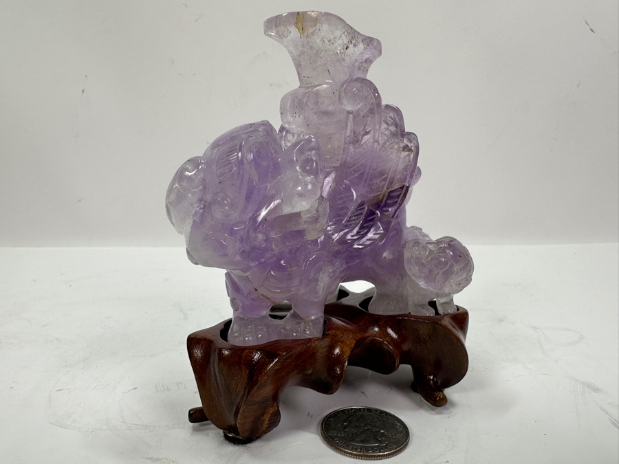 Vintage Chinese Carved Purple Amethyst Foo Dog On Wooden Stand 4H [Photo 4]