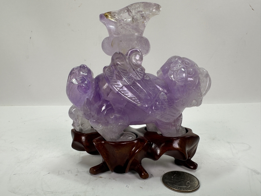 Vintage Chinese Carved Purple Amethyst Foo Dog On Wooden Stand 4H [Photo 5]